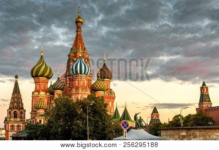 St Basil's Cathedral And Moscow Kremlin On The Red Square At Sunset, Russia