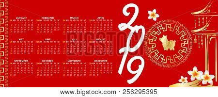 Horizontal Template Chinese New Year Calendar 2019. Week Year Month Date Mockup. Yellow Pig Traditio