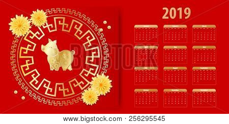 Template Chinese New Year Calendar 2019. Week Year Month Date Mockup. Yellow Pig Traditional Symbol 