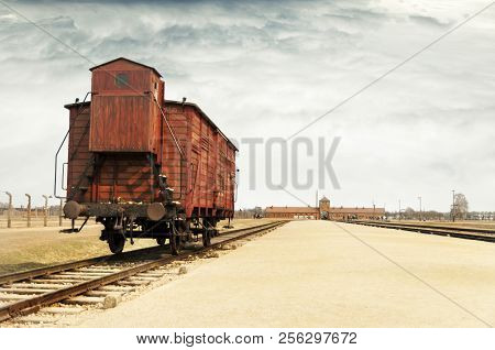 The Railway Platform With A Carriage For Prisoners, Coach On Oswiecim Concentration Camp. Selection 