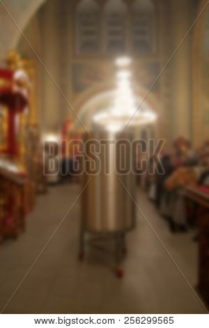 Metal Tanks Of Stainless Steel With Water Installed In The Church During The Night Service At The Ep