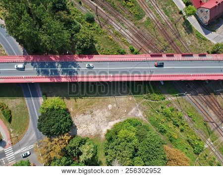 Aerial View On Intersection Of Railroad And Car Road.