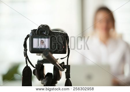 Professional Dslr Digital Camera Filming Vlog Of Business Woman