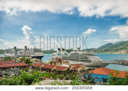 Three Cruise Ships In The Port Of St Thomas, Us Virgin Islands