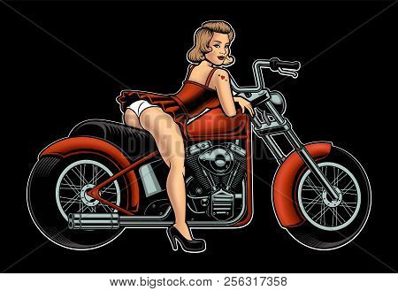 Vector Illustration Of Pin-up Girl With Motorcycle