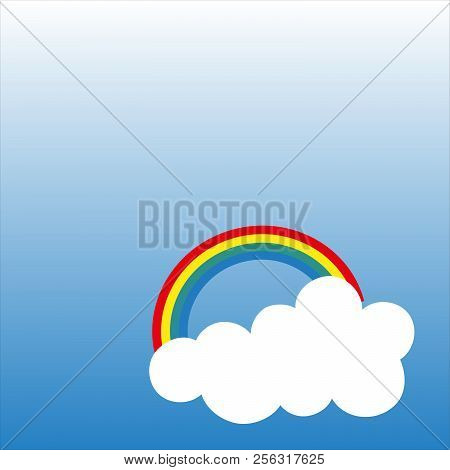Rainbow With Clouds, Vector Illustration Isolated On Blue Gradient Background.