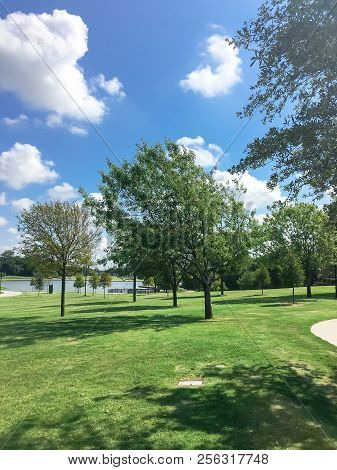 Beautiful Green Park With Pathway Trail In Coppell, Texas, Usa