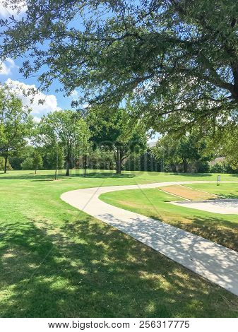 Beautiful Green Park With Pathway Trail In Coppell, Texas, Usa
