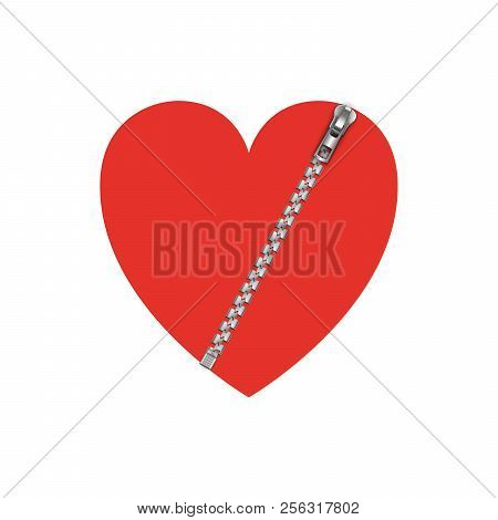 Red Heart With Zipper, Vector Illustration Isolated On White Background.