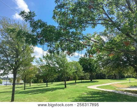 Beautiful Green Park With Pathway Trail In Coppell, Texas, Usa