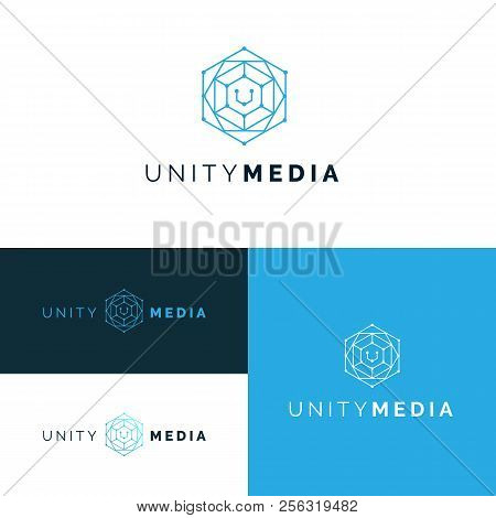 Hexagonal Geometrical Net Web Design Logo Icon Set With Letter U, Simple Lines.honeycomb Blue Logoty