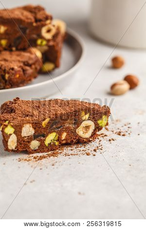 Italian Dessert Panforte With Nuts, Chocolate And Candied Fruits. White Background, Italian Dessert 