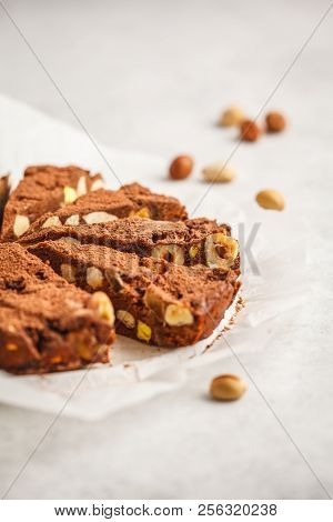 Italian Dessert Panforte With Nuts, Chocolate And Candied Fruits. White Background, Italian Dessert 
