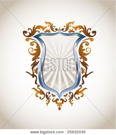 青色の金属と青銅の盾、別々 の画層と簡単に編集可能なすべての要素。線形と放射状