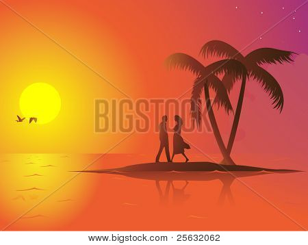 คู่โดดเดี่ยวรักบนเกาะเล็ก ๆ ดวงอาทิตย์จะลดลง และอารมณ์โรแมนติก เชิงเส้นและ radi