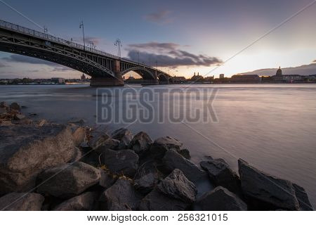 Cityscape Of The German City Of Mainz With Theodor Heuss Bridge Seen From Wiesbaden