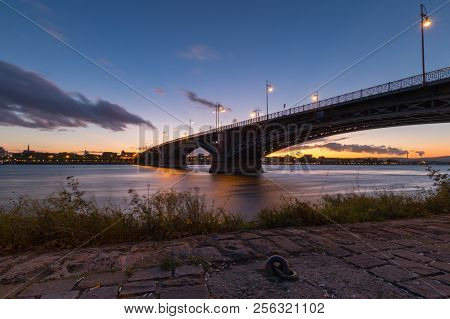 Cityscape Of The German City Of Mainz With Theodor Heuss Bridge Seen From Wiesbaden