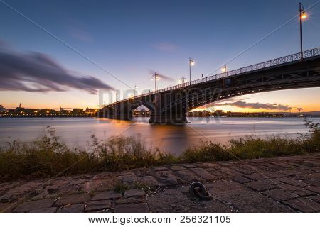 Cityscape Of The German City Of Mainz With Theodor Heuss Bridge Seen From Wiesbaden