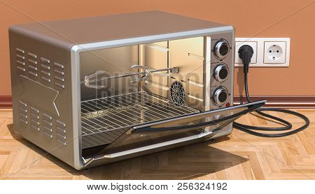 Opened Convection Toaster Oven With Rotisserie And Grill In Interior, 3d Rendering