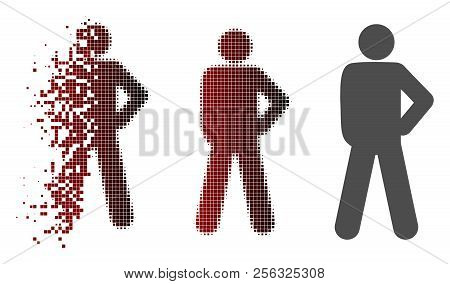 Audacity Pose Icon In Dissolved, Pixelated Halftone And Undamaged Whole Versions. Fragments Are Grou
