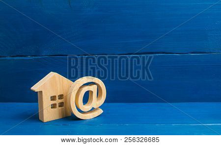 Email Icon And House. Contacts Of E-mail, Home Page, Home Address. Communication On Internet. Contac