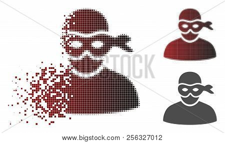 Anonimious Thief Icon In Sparkle, Pixelated Halftone And Undamaged Whole Versions. Pixels Are Groupe