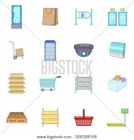 Supermarket Icons Set. Cartoon Illustration Of 16 Supermarket Icons For Web