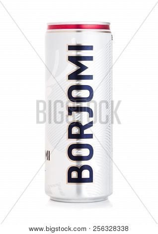 London, Uk - September 03, 2018 : Aluminium Can Of Borjomi Sparkling Mineral Water On White Backgrou