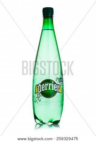 London, Uk - September 03, 2018 : Plastic Bottle Of Perrier Sparkling Water. Perrier Is A French Bra