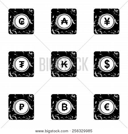 Money Of Countries Icons Set. Grunge Illustration Of 9 Money Of Countries Icons For Web