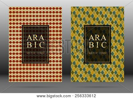 Ottoman Pattern Vector Cover Page Layout Design Collection In Arabic Style Mosaic In Gold Grid. Isla