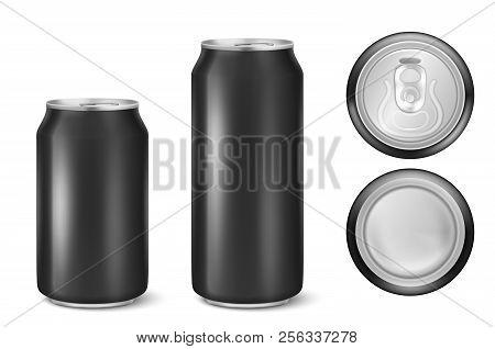 Vector Realistic 3d Black Empty Glossy Metal Black Aluminium Beer Pack Or Can Visual 330ml 500ml. Ca