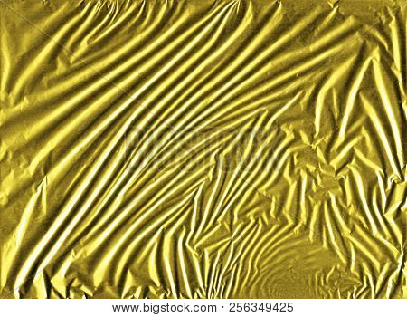 Shiny Yellow Gold Crumpled Wrapping Paper Foil Texture For Wallpaper Decoration Element Background, 