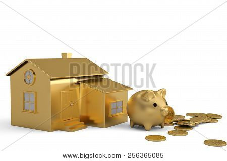 Gold House And Piggy Bank With Coins On White Background.3D Illustration.