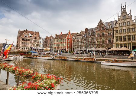 Ghent, Belgium - August 14, 2015 - Old Colorful Traditional Houses At The Graslei Along The Canal.