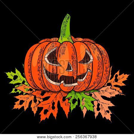 Halloween. 31 October. The Concept Of A Holiday. A Pumpkin With A Carved Terrible Face, Autumn Leave