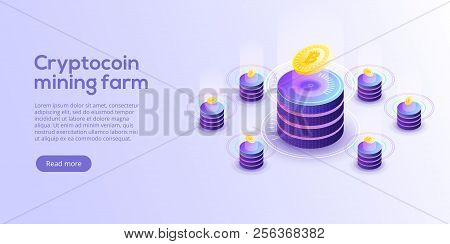 Cryptocoin Mining Farm Layout. Cryptocurrency And Blockchain Network Business Isometric Vector Illus