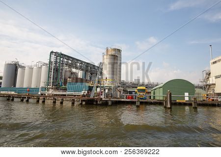 Zaanse Schans, Netherlands, August 19, 2015 - Industrial Area With Containers, Pipes, Tube And Truck