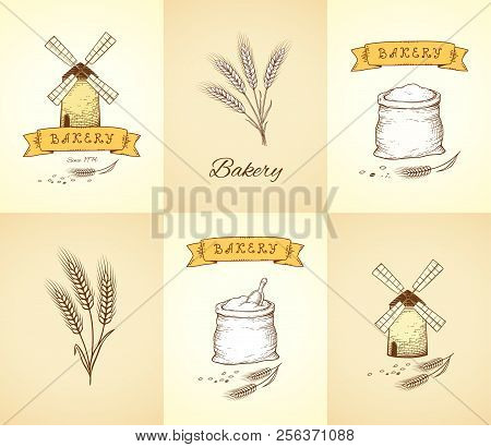 Hand Drawn Bakery And Wheat Isolated Icons Set