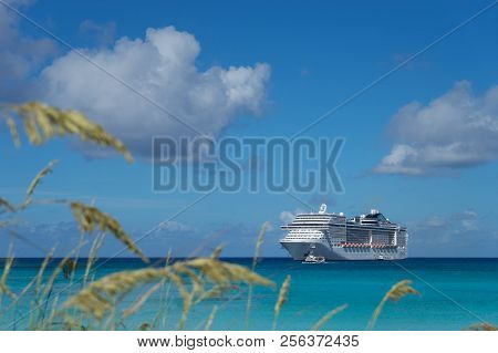 Cruise Ship In Crystal Blue Water With Palm Foreground