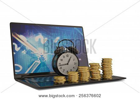 Alarm Clock With Laptop On White Background.3d Illustration.