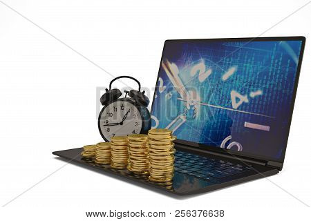 Laptop With Alarm Clock And Gold Coin Stacks On White Background.3d Illustration.