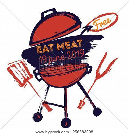 Bbq Grunge Doodle Poster Invitatation In Square Format. Barbecue Party Flyer. Grill Illustration Wit