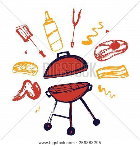 Bbq Grunge Doodle Poster Invitatation In Square Format. Barbecue Party Flyer. Grill Illustration Can