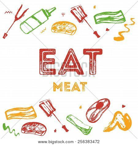 Bbq Grunge Doodle Poster Invitatation In Square Format. Barbecue Party Flyer. Grill Illustration Can