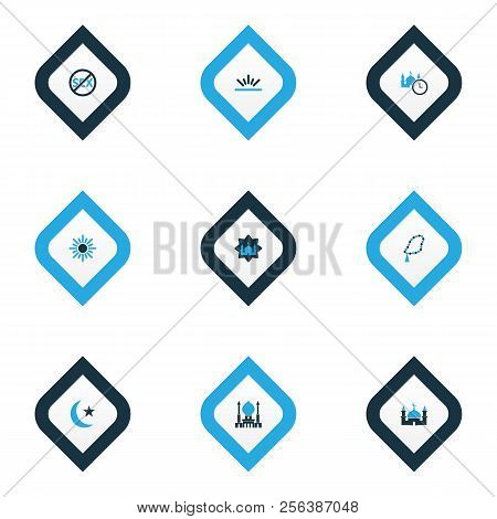 Ramadan Icons Colored Set With Masjid, Fajr, No Sex And Other Ramadan Elements. Isolated Vector Illu