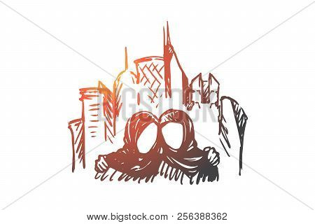 Megopolis, Muslims, Islam, Friends, Hijab Concept. Hand Drawn Isolated Vector.