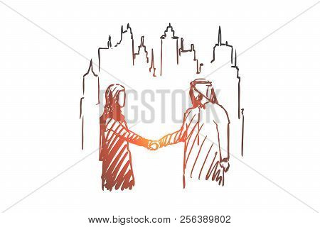 Businessman, Agreement, Outsourcing, Muslim, Companion Concept. Hand Drawn Isolated Vector.