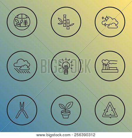 Landscape Icons Line Style Set With Clean Air, Recycling, Innovation And Other Flowerpot Elements. I