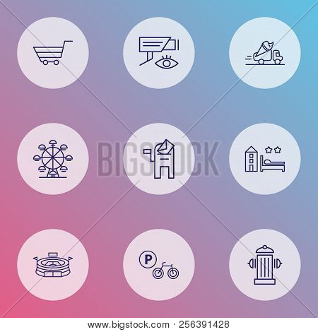 City Icons Line Style Set With Hotel, Ferris Wheel, Video Control And Other Fireplug Elements. Isola